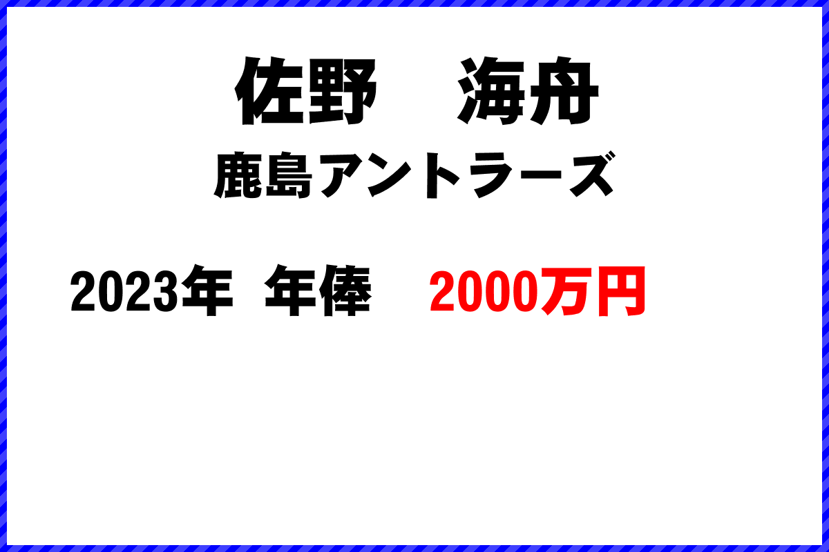 佐野 海舟（鹿島アントラーズ）の年俸【2000万円】 2023年｜サカマネ.net